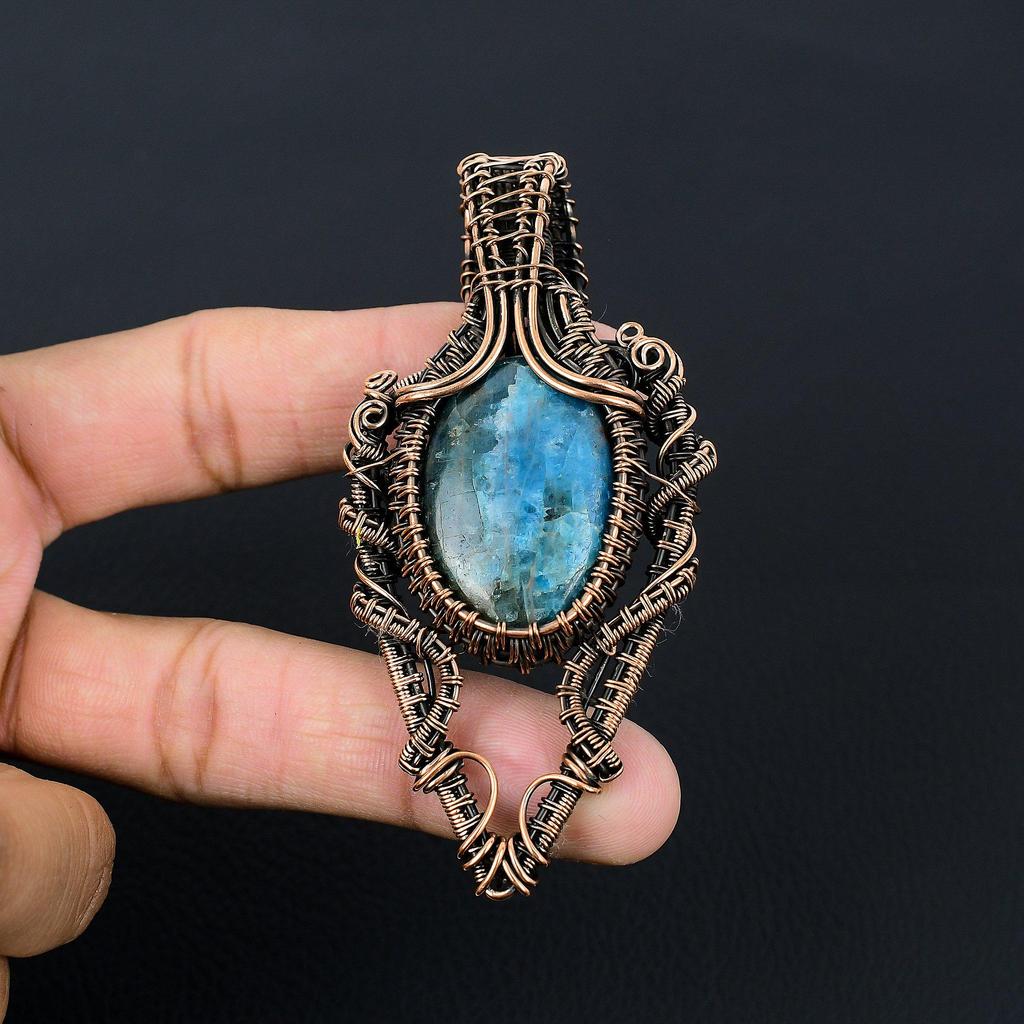 Neon Blue Apatite Gemstone Handmade Copper Wire Wrap Jewelry Pretty Pendant