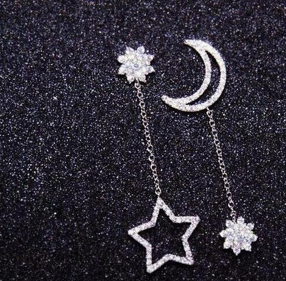 Korean Style Rhinestone Tassel & Star Moon Asymmetrical Earrings