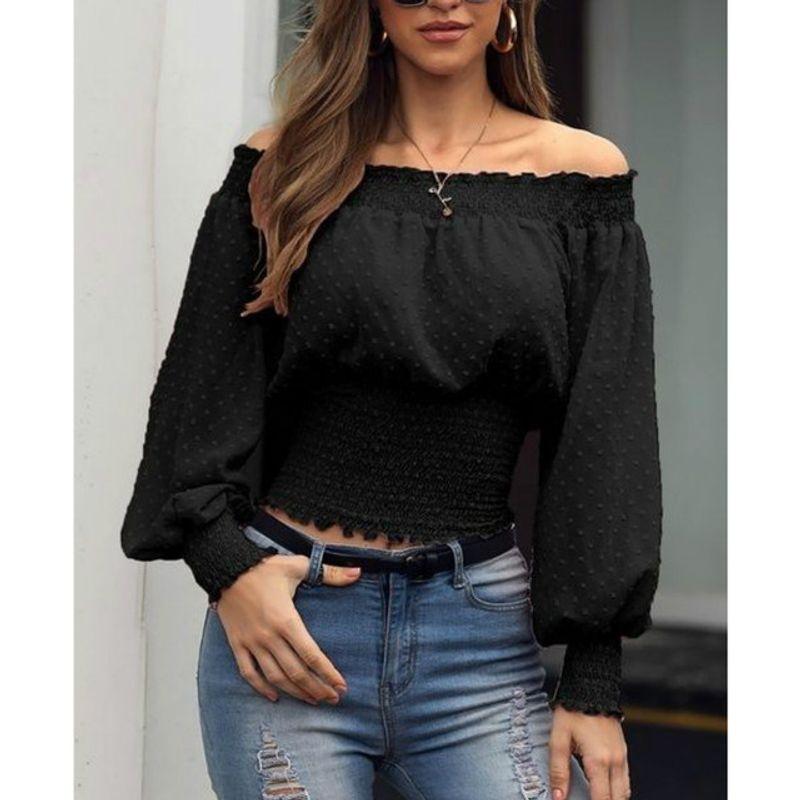 

New Solid Color Ruffled Waist Top Summer Pure Color Ruffles Waist-Tight off-Shoulder Tops Black XXL