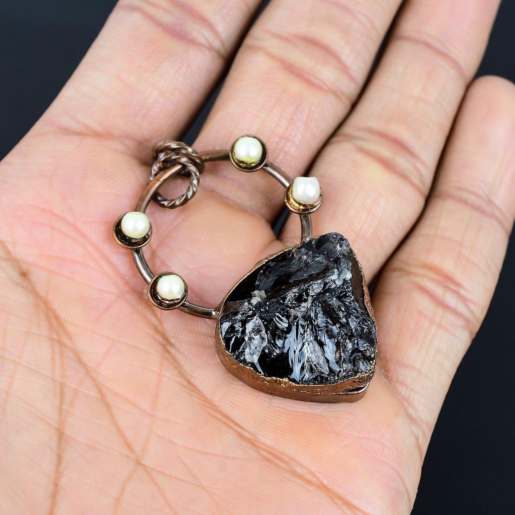 Black Onyx Rough & Mother Of Pearl Pendant Gemstone Jewelry, Copper Electroformed Pendant, Handmade Jewelry Birthstone Pendant, Gift For Him