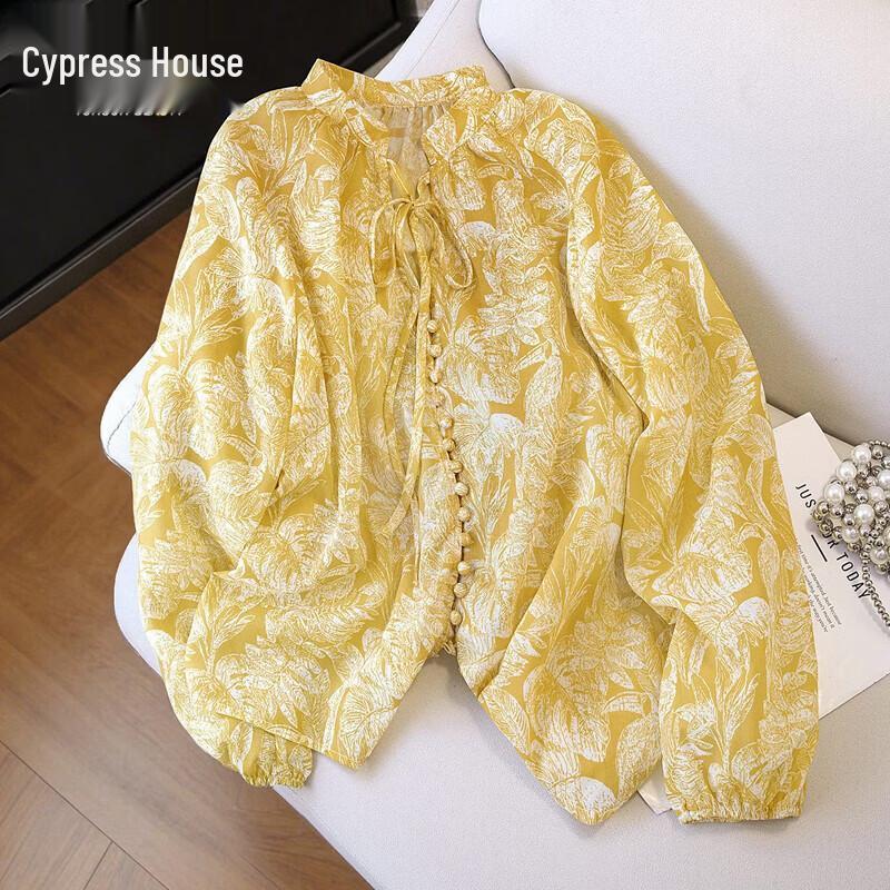 French Style Color-Block Print Long-Sleeve Shirt L