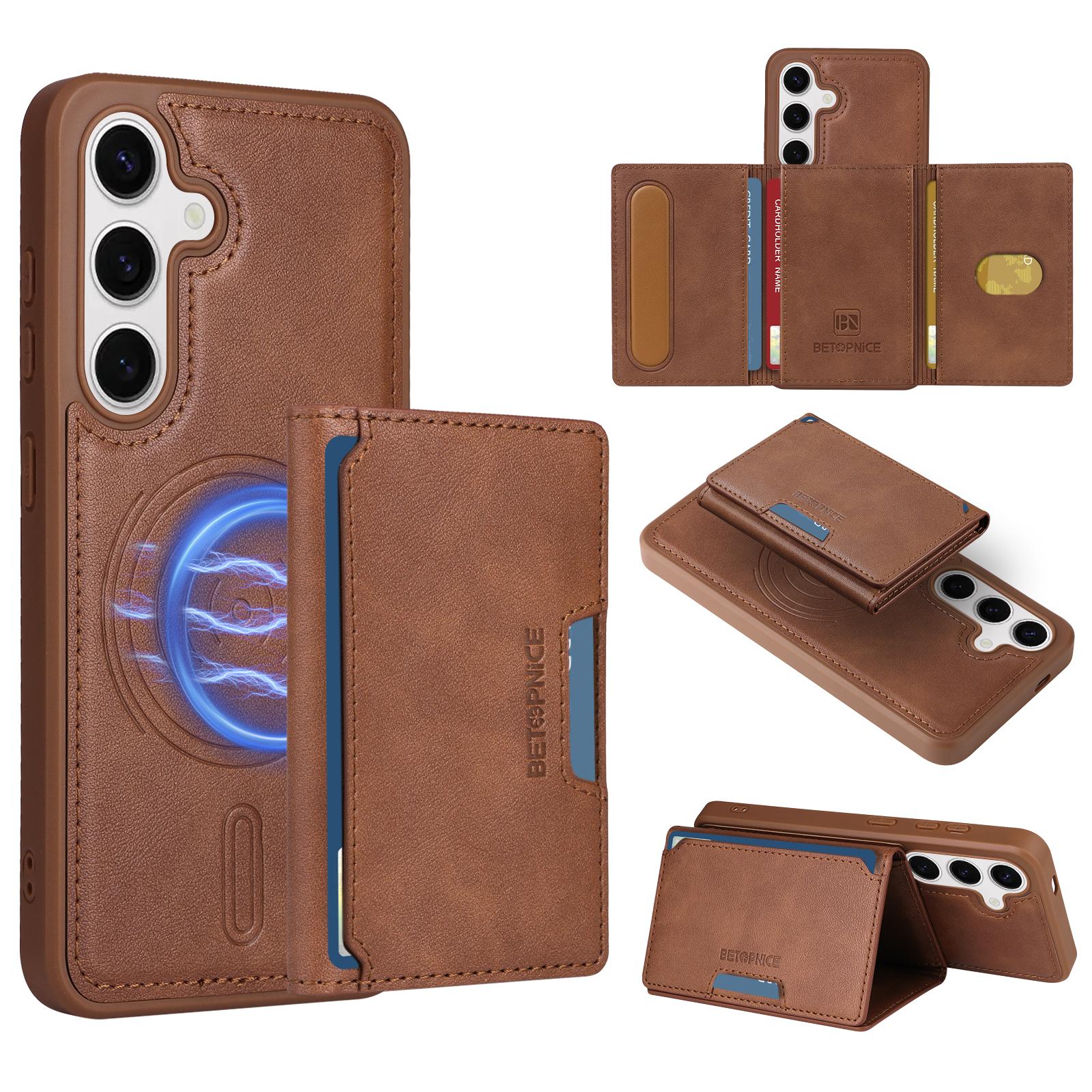 

For Samsung Galaxy S24 Magnetic Case BETOPNICE Leather Phone Cover Kickstand with Detachable Card Bag Brown