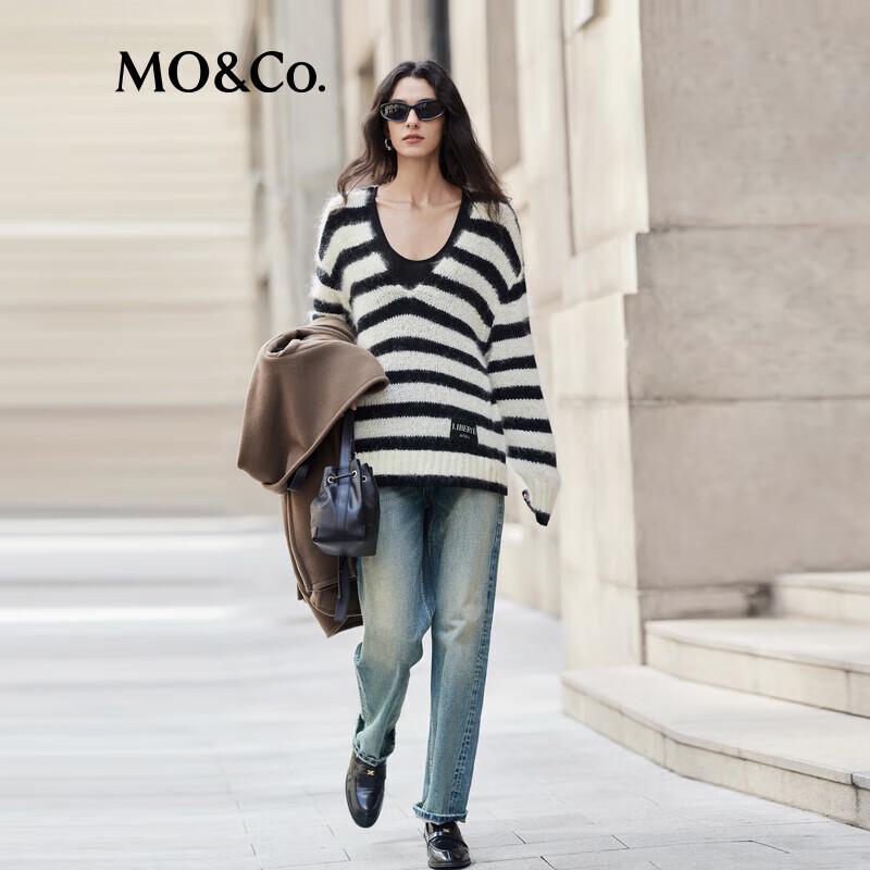 MO&Co. 2024 Winter Mohair Blend V-Neck Striped Sweater