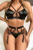 Leather Look Gartered Fantasy Bra Panty Set Black