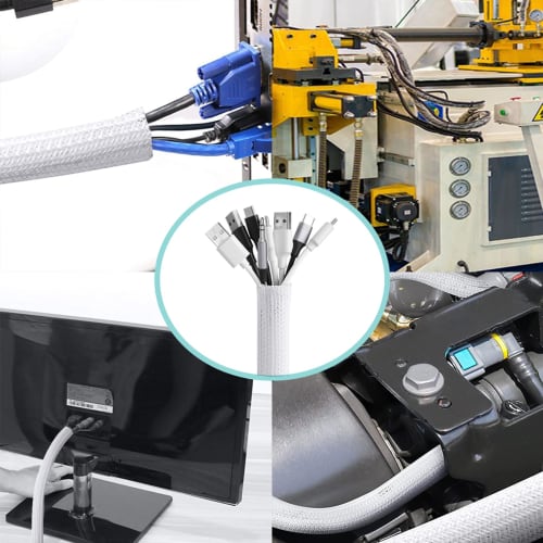 Viaky Kabelaufbewahrungshülle, geflochtene Kabelabdeckung, 3 m x 1,3 cm, mit 20 Kabelbindern, weiß, selbstschließender Kabelschutz, geflochtene Kabelhülle, Verdrahtungsabdeckung, Kabel