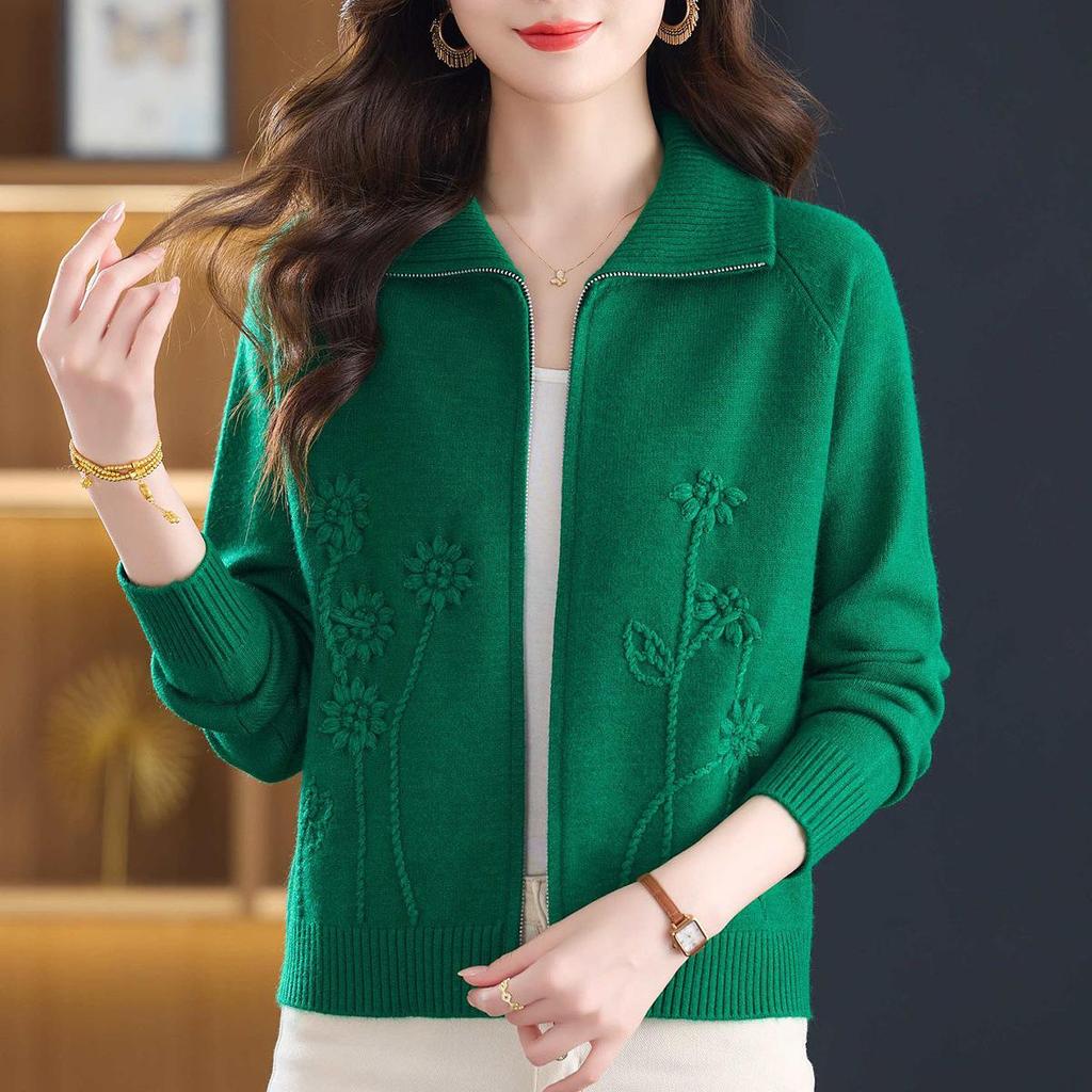 Women's Short Cardigan Sweater - 2025 Spring/Autumn Fashion, Loose Knitted Zipper Jacket for Moms