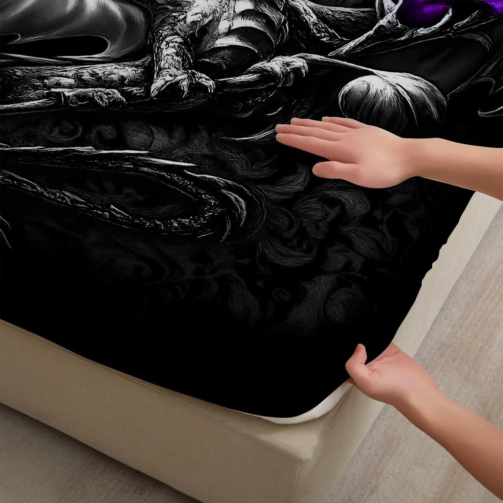 Black Dragon Purple Flower 3D Print Fitted Sheet Set 100% Polyester Mattress Covers Breathable Bedding Set With 2 Pillowcases