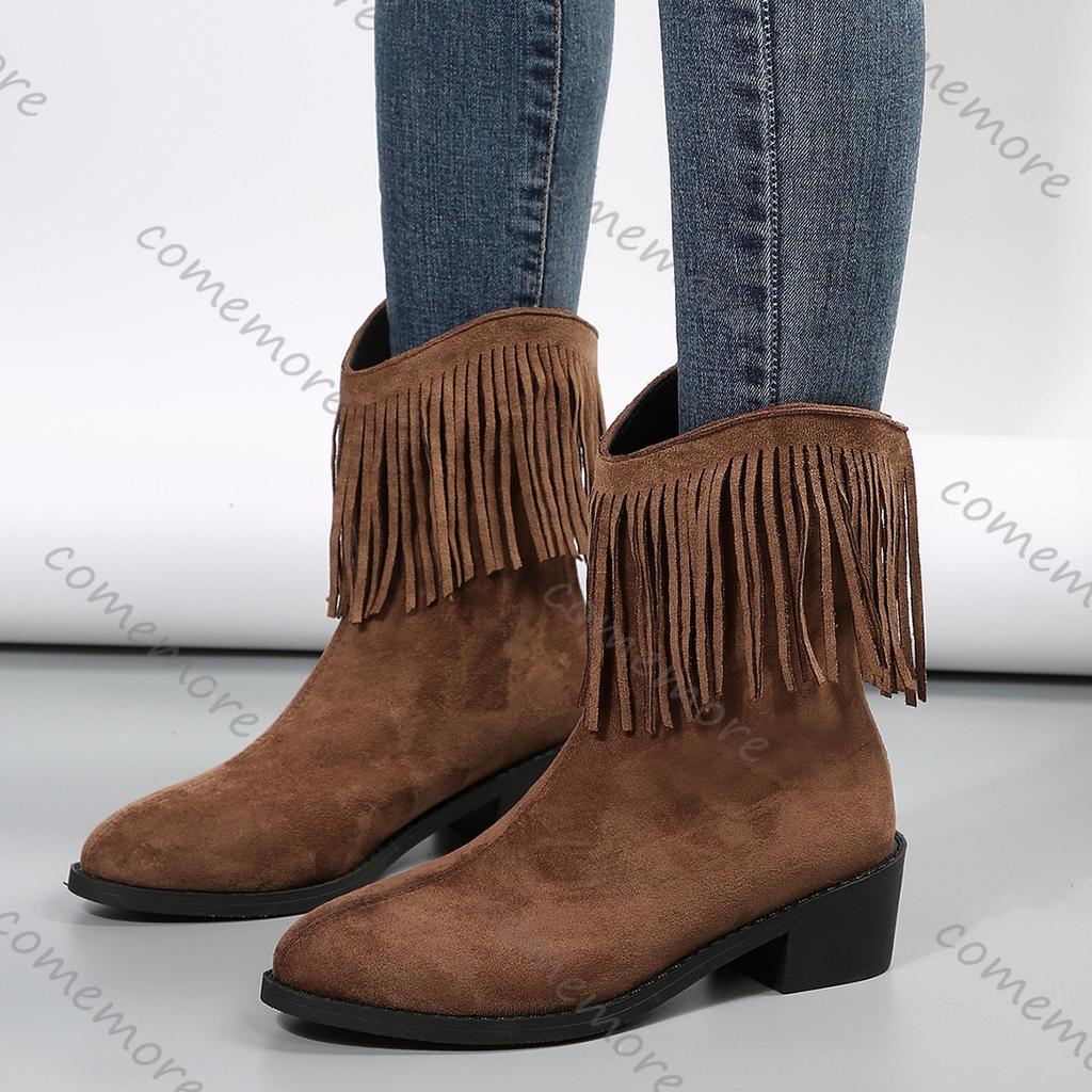 Fashion Comemore Suede Black Brown Tassels Western Knight Boots Women Autumn Winter Thick Middle Heel Cowboy Botas Fashion Women's Shoes