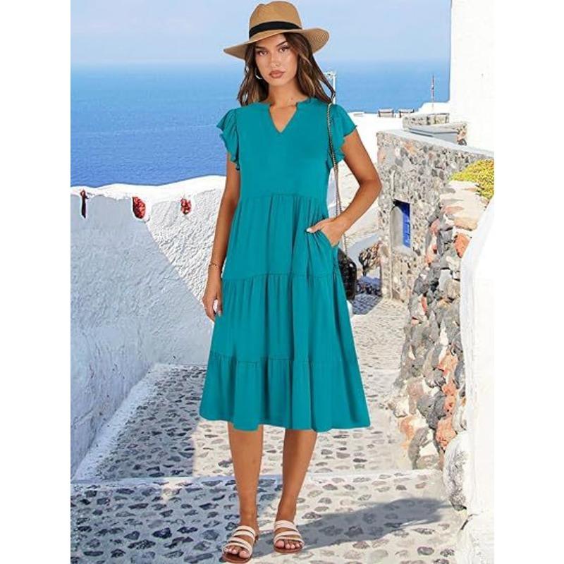 V-neck Fashion Elegant Summer Lotus Leaf Sleeve Dress Large Swing Pocket Party Dress Solid Color Casual Sweet Mid Length Splicing Dresses