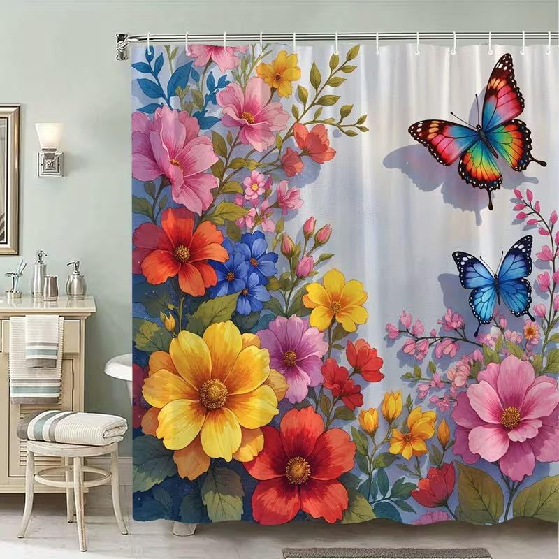 VIKAMA Colorful Butterfly Flower Shower Curtain, Waterproof and Mold-Resistant Shower Curtain for Bathroom Decoration