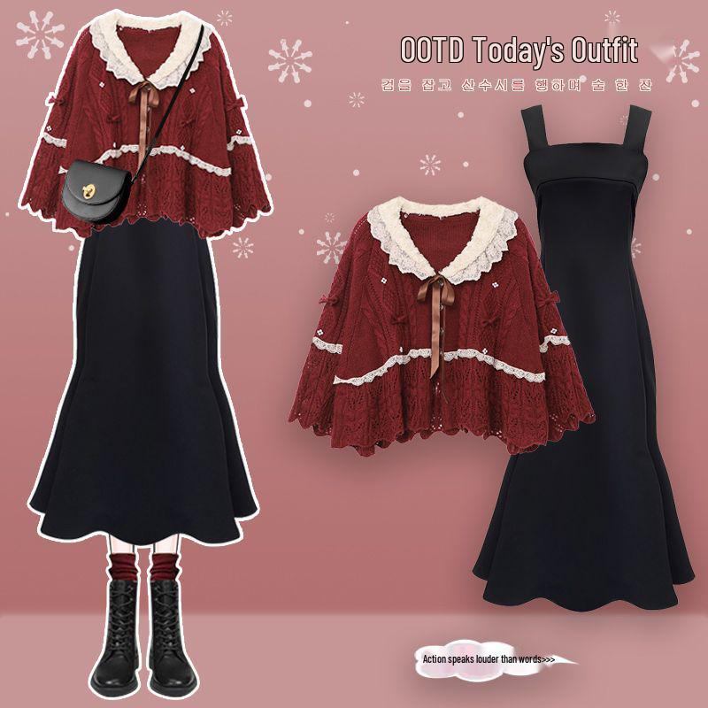 Women's Christmas Red Sweater and Camisole Dress Set - Slimming Two-Piece Autumn/Winter Outfit
