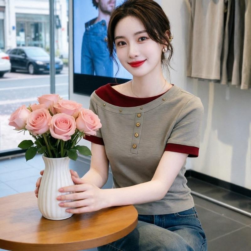 Women Slant Collar Color Block Fake Two Piece Short Sleeve Slim T Shirt
