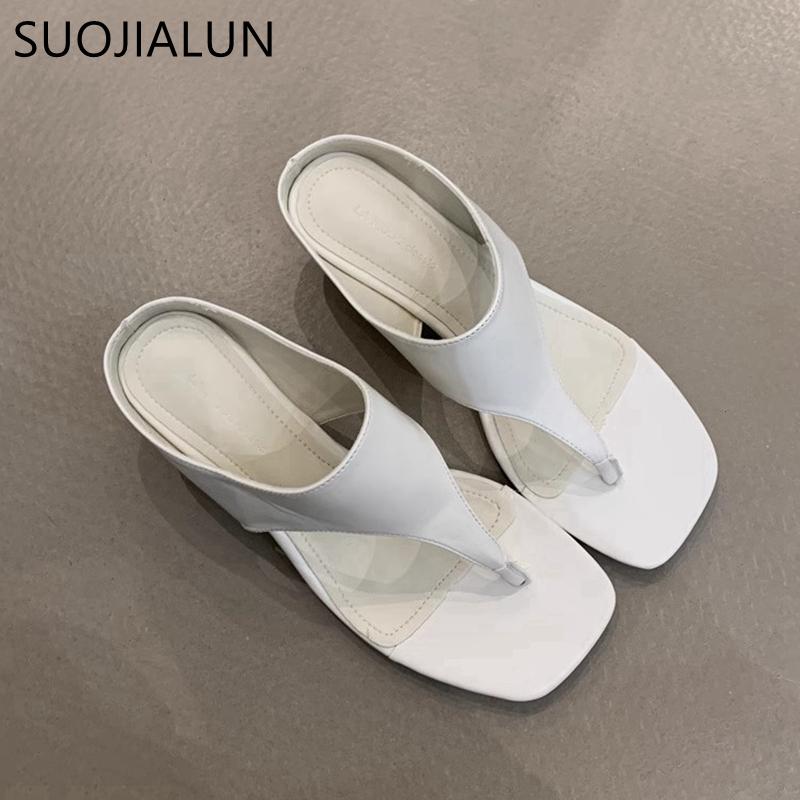 Fashion SUOJIALUN 2025 Summer New Women Flat Shoes Fashion Square Toe Slip On Flip Flop Shoes Thin High Heel Outdoor Dress Sandal Slides