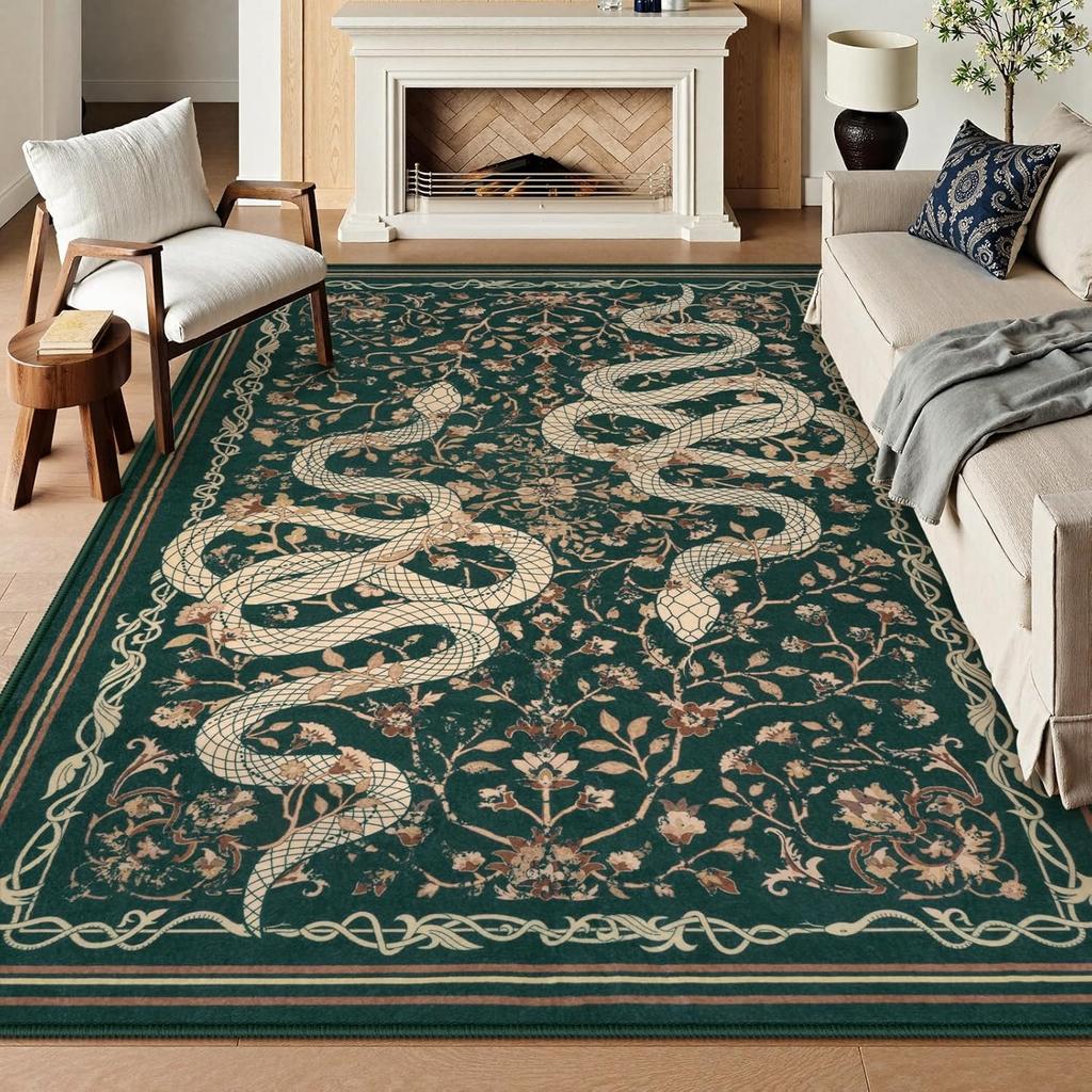 Black Living Room Carpet Large Machine Washable Carpets Snake Plant Bedroom Bedside Floor Mat Retro Elegant Home Decoration Rug