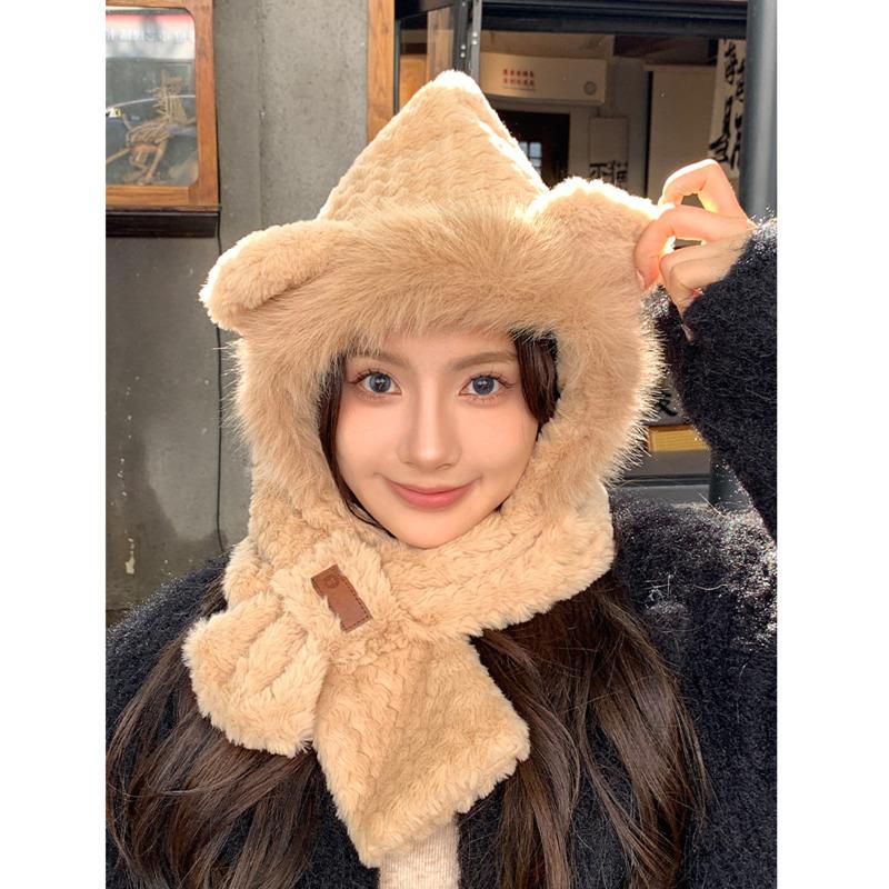 Fashion Hat Winter Women Bear Ear Scarf Hat Winter Warm Ear Protection Hat Cold-Proof Thickened Fur Caps Plush Hat Scarf Set