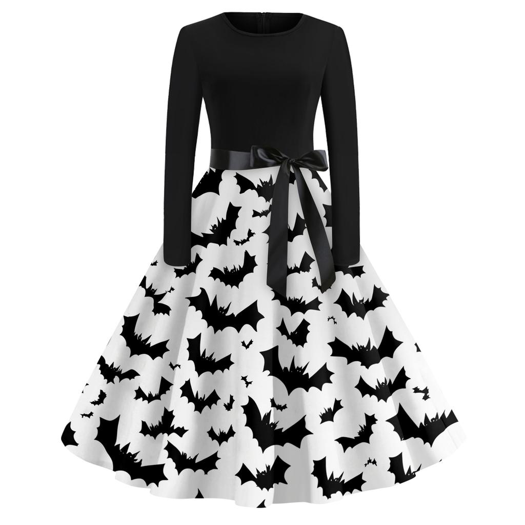 Women's Casual Halloween Print Dress Long Sleeve Round Neck Vintage Style Midi Dress with Waist Tie for Seasonal Occasion