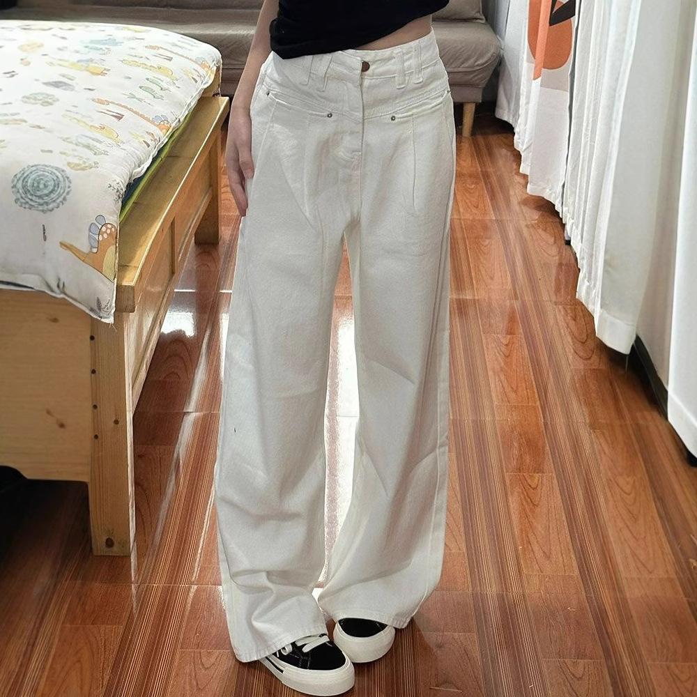 Frayed White Denim Jeans Female Summer Drape High-waisted Straight Loose Skinny Trailing Wide-legged Pants Retro Street Style Baggy Jeans for Ladies