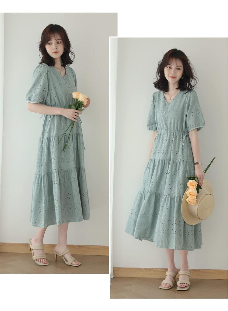 Sueeya Long Dress with Embroidered Short Puff High Stylish Perfect for and Outings in Summer Women's Lace, Sleeves, Ruffles, Sleeves, Waist, Ribbon,