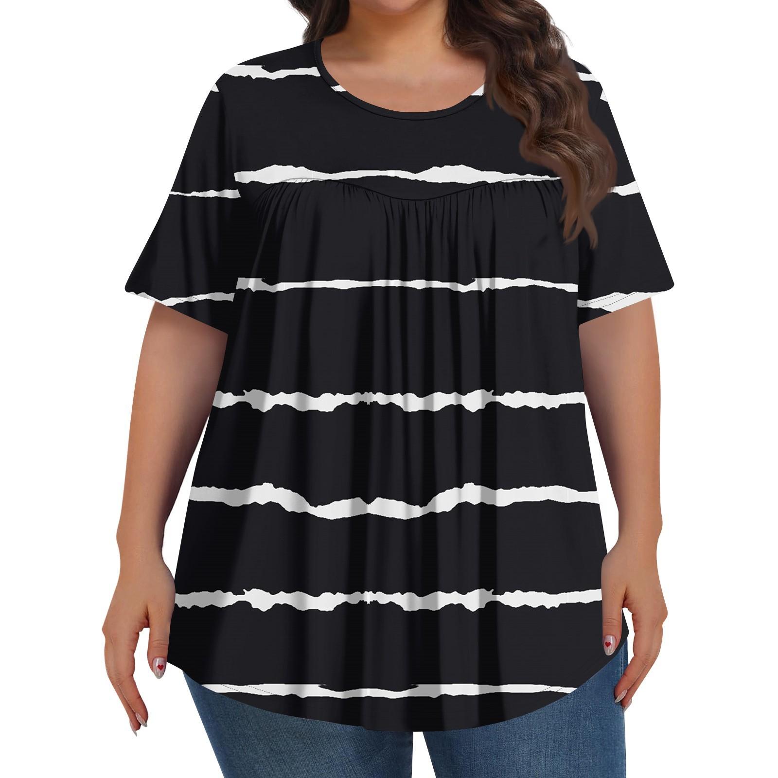 

Жіноча мода плюс розмір повсякденний короткий рукав геометричний смугастий друкований круглий виріз спереду складки топ L чорний