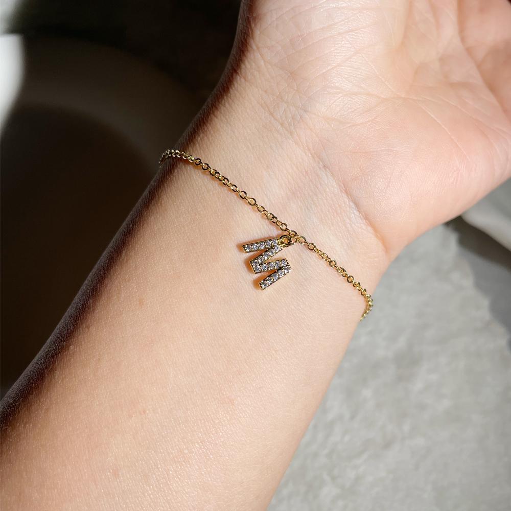 Classic Pave Zirconia A-Z Letter Bracelet Women Fashion 26 Initials Stainless Steel Chain Charm Bracelet For Women Jewelry Gift