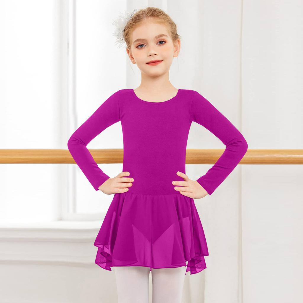 Girls' Color Long-sleeved Tulle Bodysuit Dance Costume