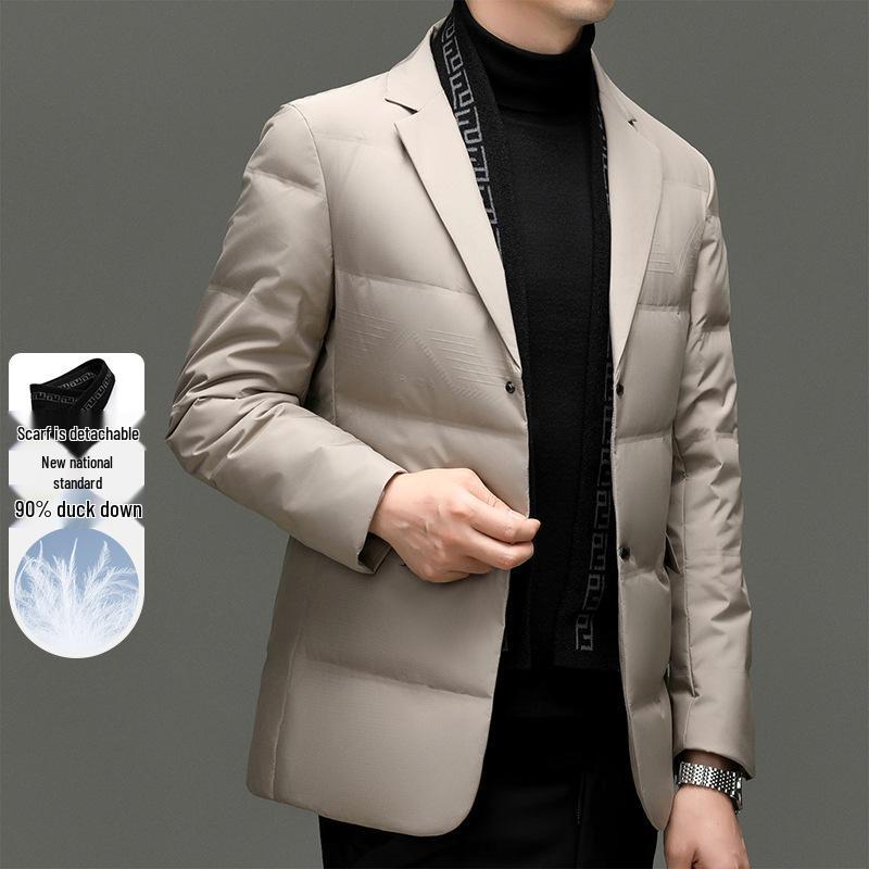 Men's Winter Suit-Style White Duck Down Jacket with Detachable Scarf, 90% Down Filled for Cold Protection and Warmth.