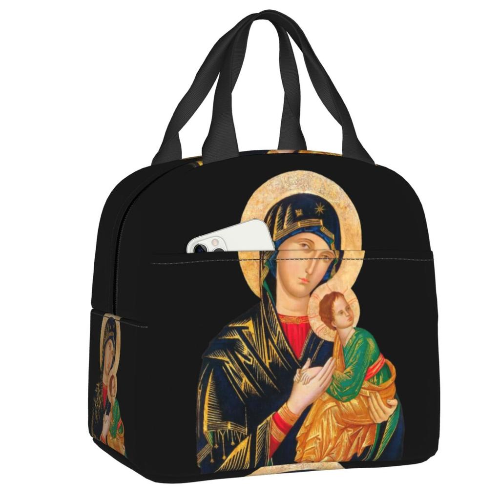 Custom Our Lady Of Perpetual Help Thermal Insulated Lunch Bags Women Catholic Virgin Mary Resuable Lunch Tote Storage Food Box