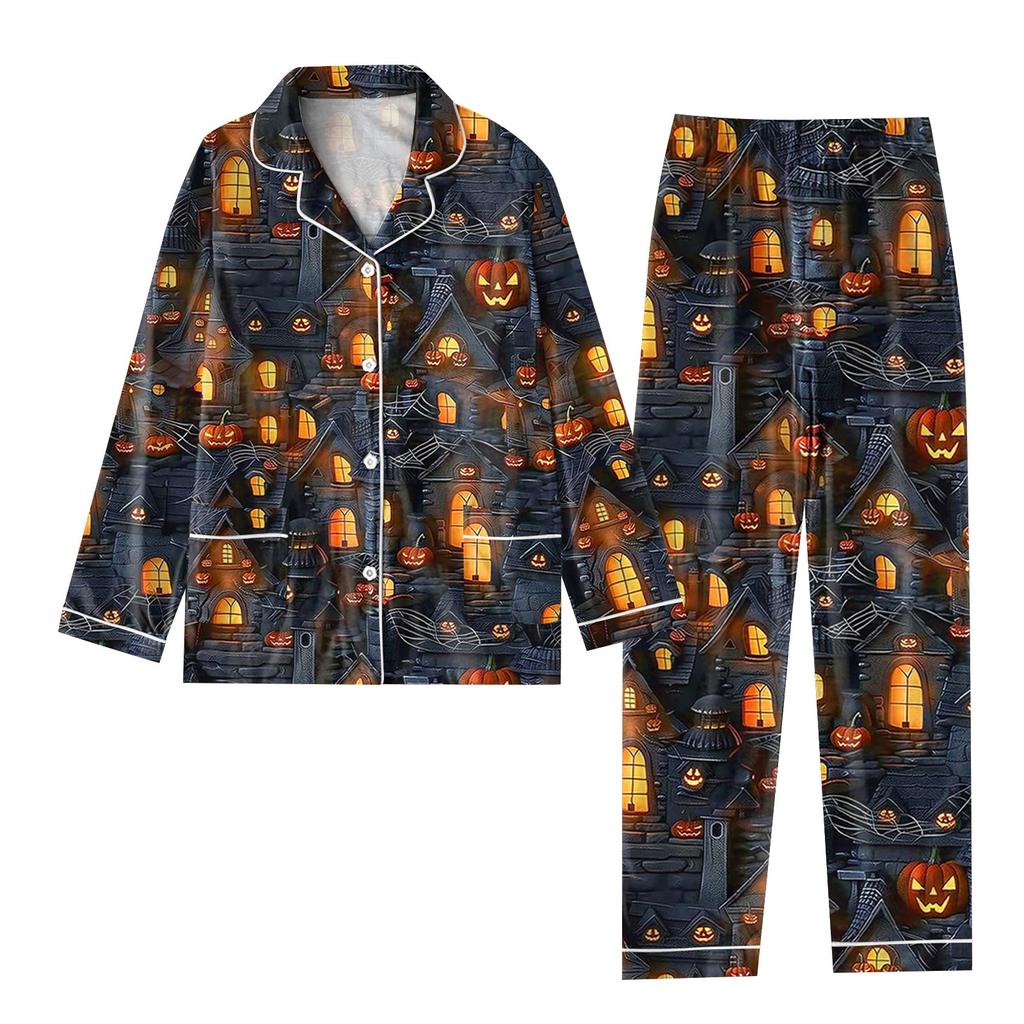 2-teiliger bedruckter Damen-Anzug, langärmelig, Oberteil mit Knopfleiste, weite Hosen, Anzug-Set, Schlafanzug, Home-Casual-Anzug