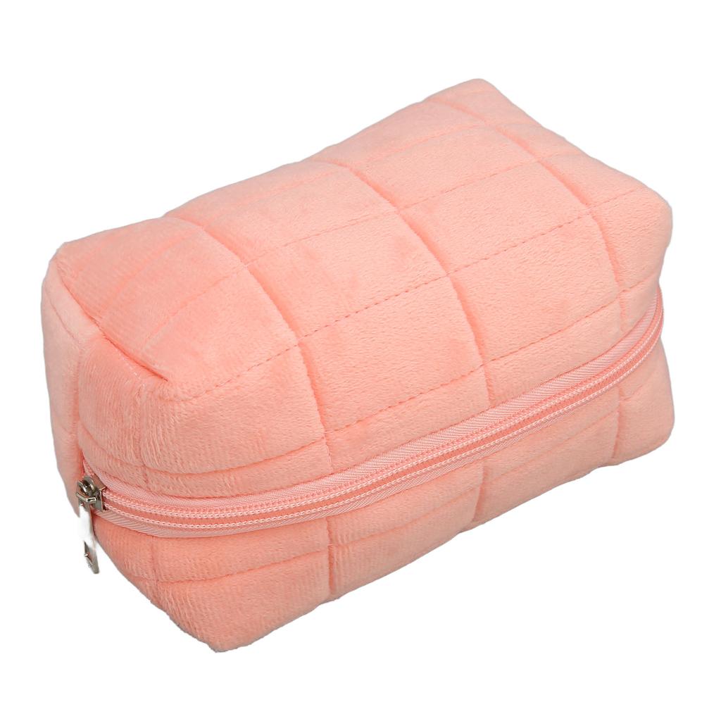 Women Makeup Storage Bag Large Capacity Soft Plush Zipper Closure Checkered Cosmetic Bag