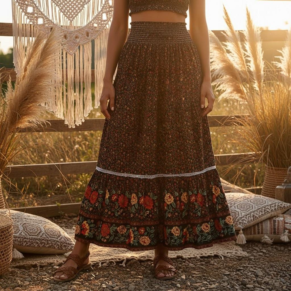 Women Red Floral Print Beach Bohemian Skirt High Elastic Waist Rayon Cotton Boho Maxi Skirts Femme