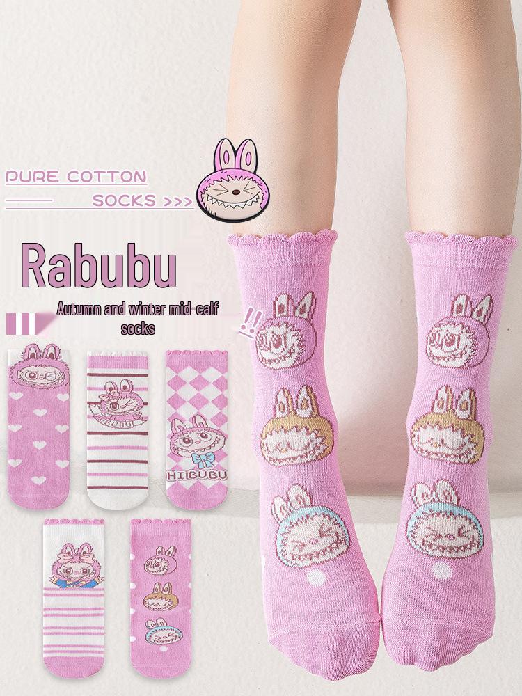 Labubu Niedliche Cartoon-Mittelwaden-Baumwollsocken für Mädchen - Frühlings-, Herbst- und Winterkollektion