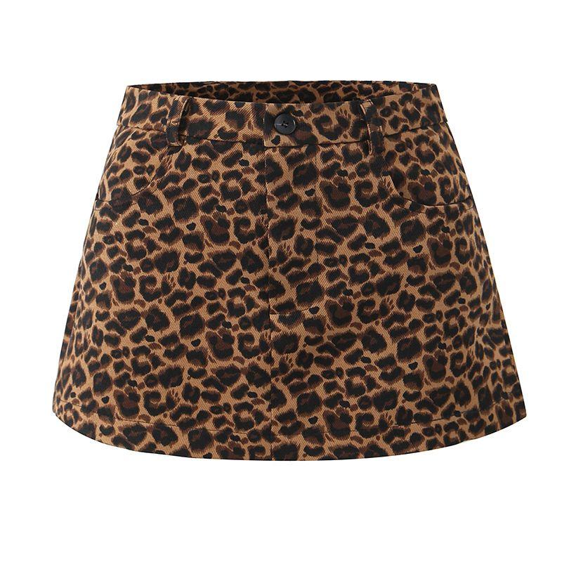 

Guzao Small Milk Blocks Leopard American Pure Desire Retro Sexy Leopard Print Print High Waist Slimming All-Matching A- line Skirt Skirt Leopard Print (Fashion Tape) L