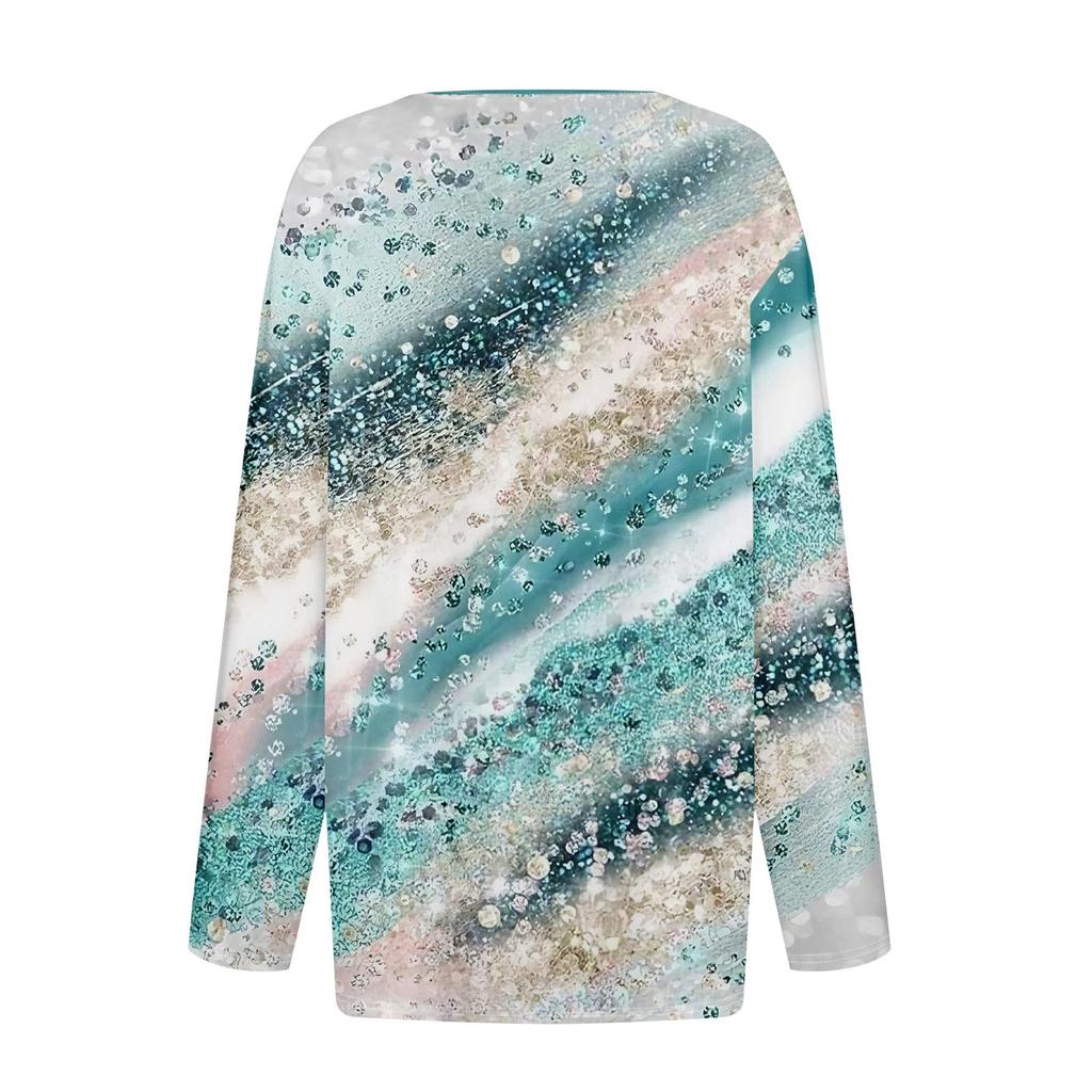 Women's Fashion Casual Printed V-Neck Long Sleeve Decorative Button T-Shirt Top
