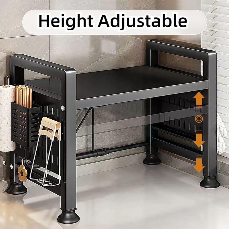 Expandable Kitchen Storage Rack, Suitable for Microwaves and Ovens | Black Metal Countertop Organizer with Open Shelving
