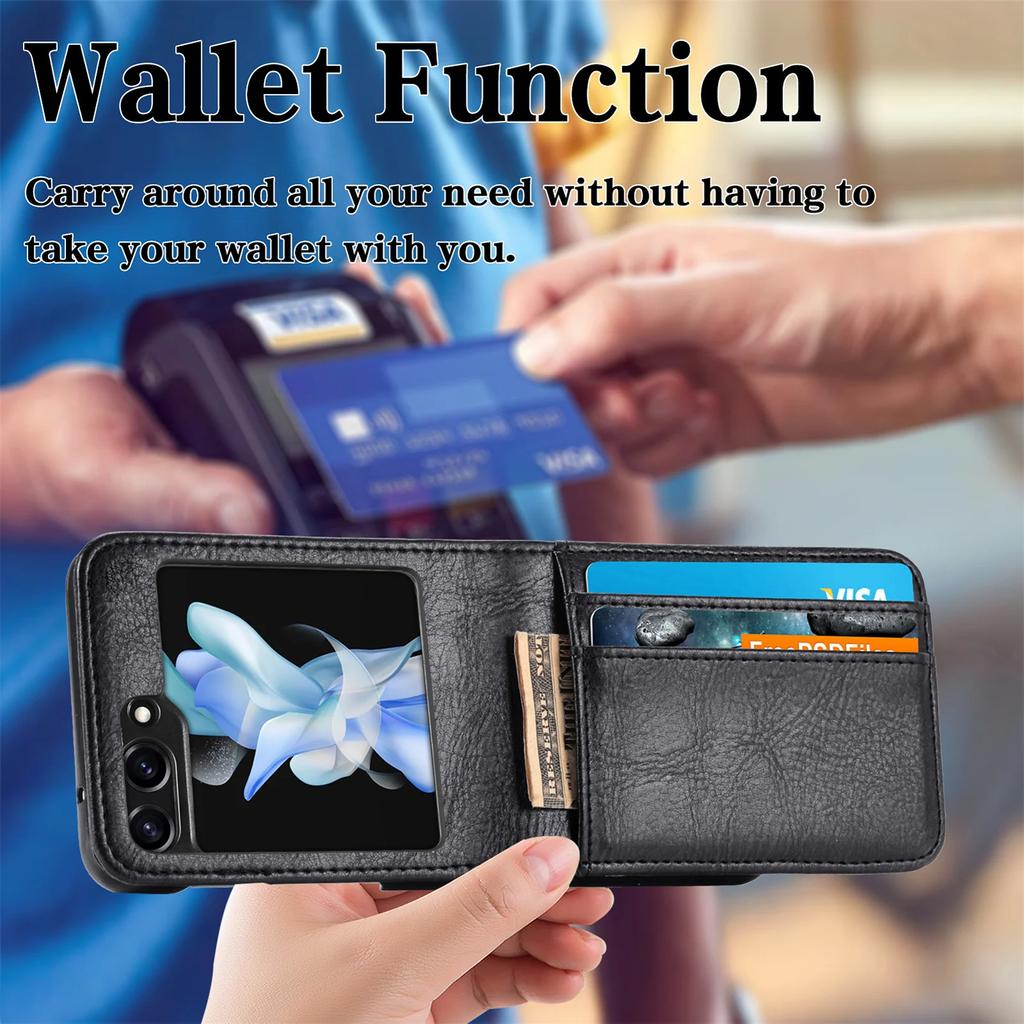 Leather Wallet Cover For Samsung Galaxy Z Flip 7 fe 6 5 4 3 2 Flip7 Flip6 Flip5 5G Phone Case with Card Holder Hinge Protection