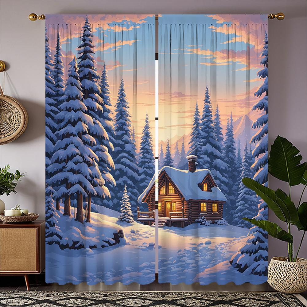 

2-piece set of high-definition digital printed curtainwinter snowy forest cabin warm light rod pocket curtainsHome decoration st 100*130 Grommet Top 1pcs
