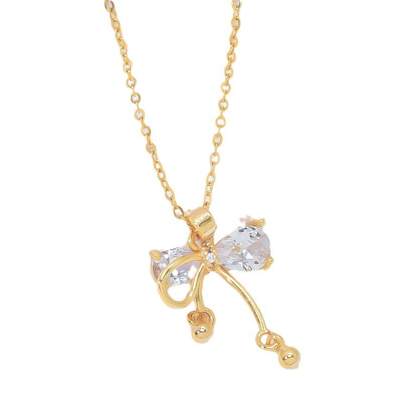 Bow Necklace Women'S Light Luxury High Sense Cold Wind Diamond-Encrusted Small Bell Pendant With Jewelry
