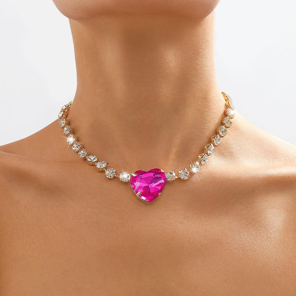 Fashion Bling Rhinestone Rose Heart Pendant Choker Necklace for Women Crystal Wedding Party Statement Jewelry