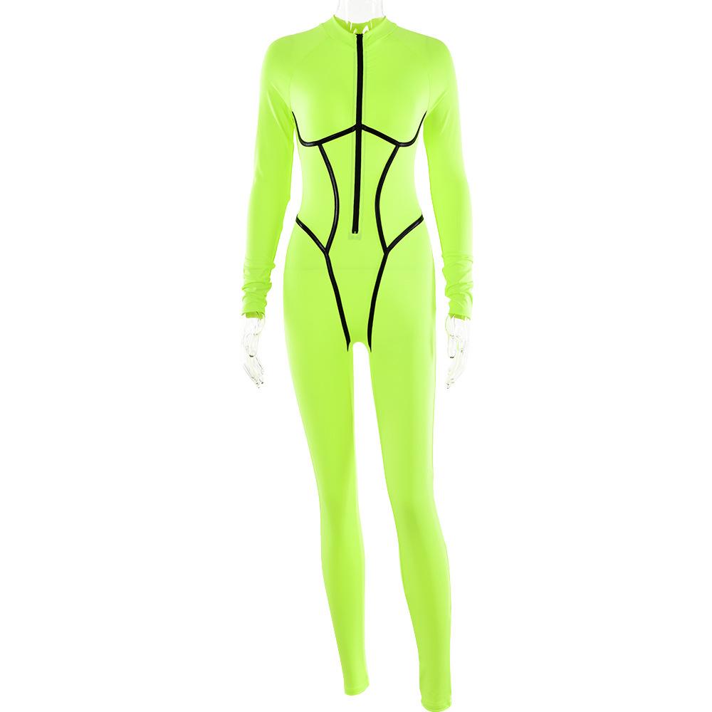Leather-Split Design, Sports-Style Sexy Long-Sleeve Jumpsuit