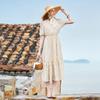 Fragrant Chiffon Floral Dress with Women's Drape In 2026 Summer New Style Off Shoulder V-neck Vacation Style Waist Cinched Mid Length Skirt