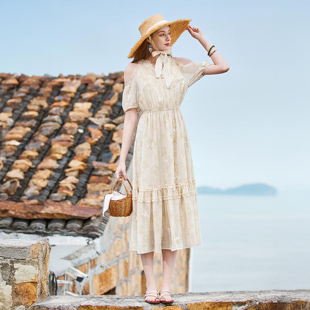 Fragrant Chiffon Floral Dress with Women's Drape In 2026 Summer New Style Off Shoulder V-neck Vacation Style Waist Cinched Mid Length Skirt