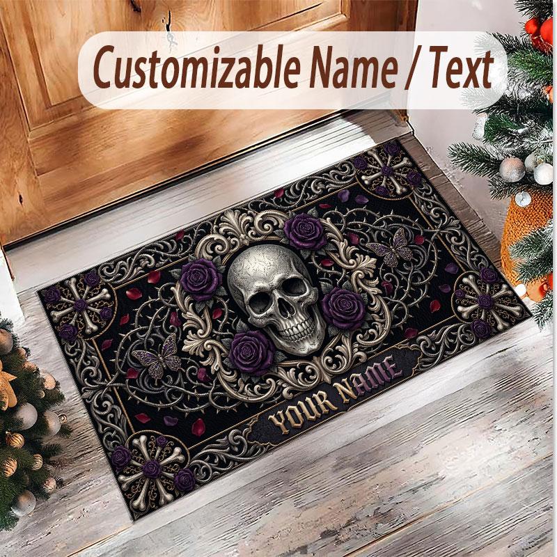 Tappeto Morbido in Velluto di Cristallo Tema Gotico Teschio Stampa Personalizzata Nome e Testo Tappeto Antiscivolo per Camera da Letto Soggiorno
