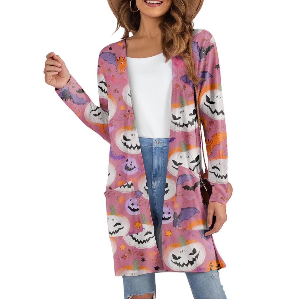 Cardigan da Donna Casual Comodo con Stampa di Halloween di Media Lunghezza con Tasche Giacca