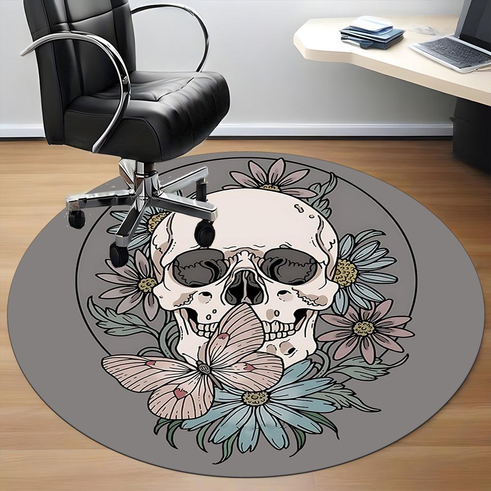 1pc Skull Flowers Office Round Area Rug, Under Office Chairs Bedroom Living Room Home Decor, Room Deco