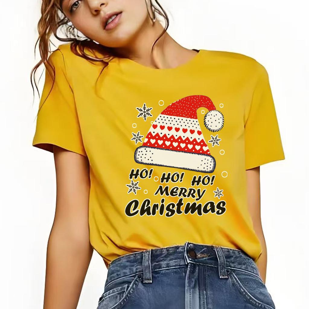 Fashionable Christmas Happy Snowflake Hat Printed Pattern Short Sleeve Round Neck Versatile Womens Festival Tshirt