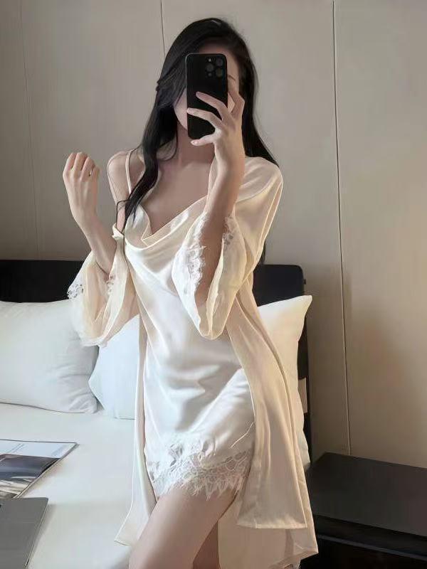 Autumn 2025 Light Luxury Lace Pajamas - Sexy Cowl Neck Camisole with Chest Pad