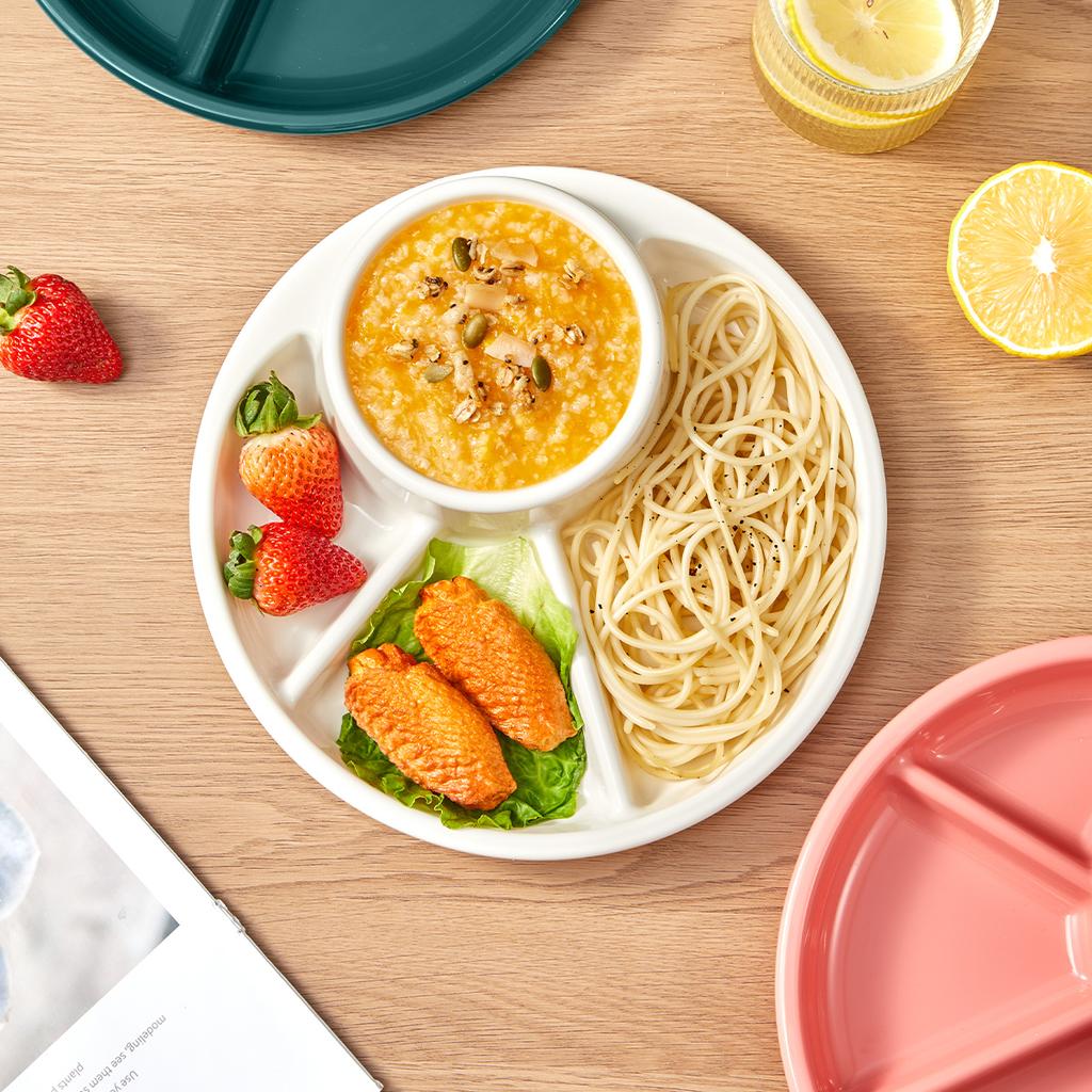 WORTHBUY Round Salad Plate Dishes Reusable Divided Dinner Plate With Fork Spoon Student Kid Food Plate Dishwasher&Microwave Safe