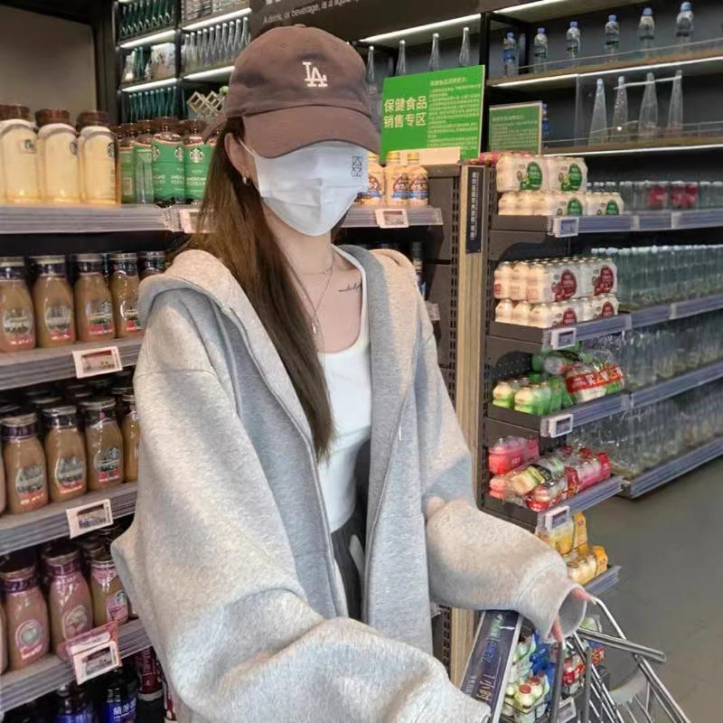 Autumn Winter Loose Casual Simple All-match Hooded Sweet Women Pocket Zipper Cardigan Hoodies Female Top