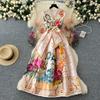 Spring France Elegant Vintage Palace Evening Dress Women Print Sashes Mesh Long Party Dress Female Casual Holiday Clothing New