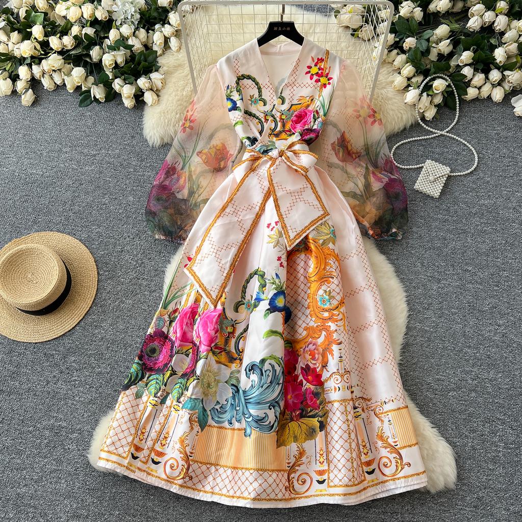 Spring France Elegant Vintage Palace Evening Dress Women Print Sashes Mesh Long Party Dress Female Casual Holiday Clothing New